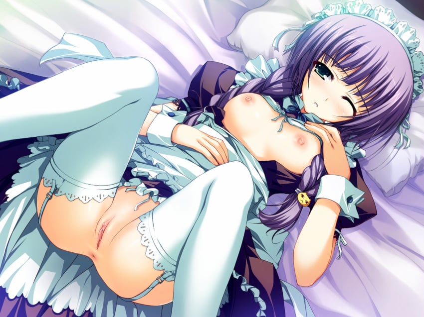 1girls akatsuki_no_goei anus bed blush braid breasts female female_only game_cg garter_straps green_eyes hair_ribbon highres lace lace-trimmed_thighhighs maid maid_headdress nipples no_panties on_back pillow purple_hair pussy ribbon solo thighhighs tomose_shunsaku tsuki_(akatsuki_no_goei) twin_braids uncensored white_legwear white_thighhighs wink wrist_cuffs