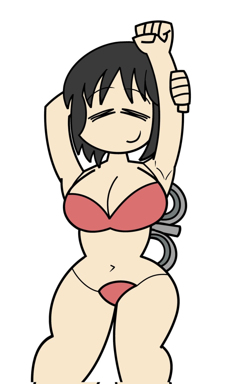 1girls =_= armpits bikini black_hair cleavage closed_eyes closed_mouth corrupted_twitter_file large_breasts literal_alguien navel nichijou red_bikini shinonome_nano short_hair simple_background smile solo stretching thick_thighs thighs white_background winding_key