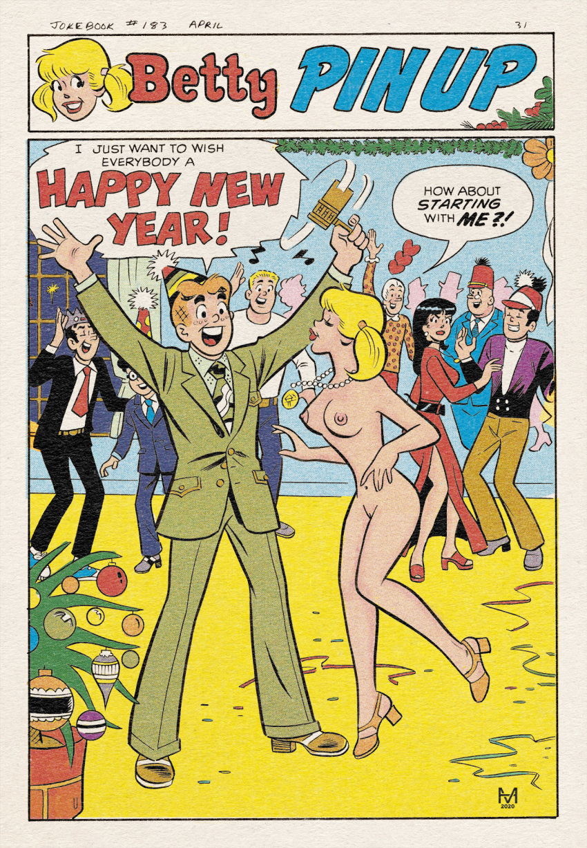 2girls 6+boys archie_andrews archie_comics betty_and_veronica betty_cooper black_hair blonde_hair clothed_female_nude_female clothed_male_nude_female cmnf comic_page dilton_doiley english_text erect_nipples female geraldine_grundy hearts human imminent_kiss jughead_jones male moose_mason moriartyhide multiple_boys multiple_girls musical_note necklace new_years_eve noisemaker pale_skin pearls perky_breasts reggie_mantle speech_bubble tagme uncensored veronica_lodge waldo_weatherbee