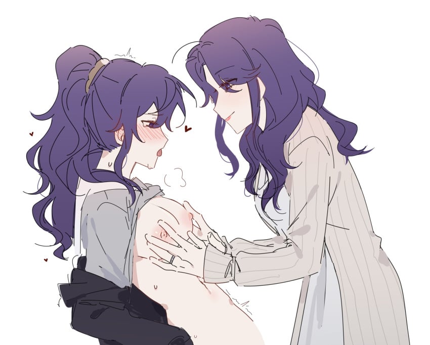 2girls asahina_mafuyu asahina_mafuyu's_mother blush clothed groping_breasts incest mother_and_daughter ponytail purple_eyes purple_hair simple_background tongue_out white_background yuri