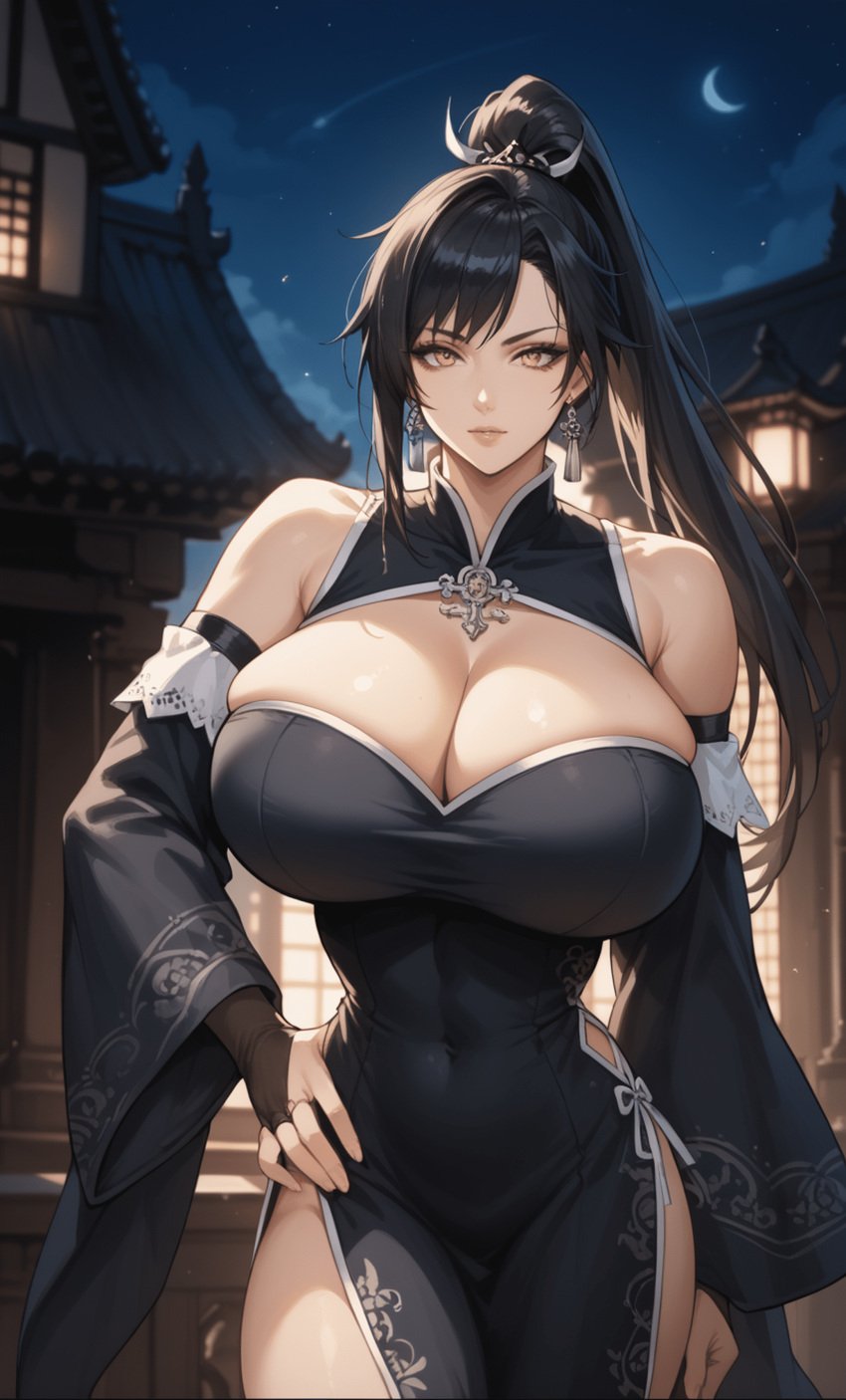 ai_generated asian_female black_hair china_dress chinese_clothes chun_yan_(shuumatsu_no_valkyrie) mature_female ponytail record_of_ragnarok shuumatsu shuumatsu_no_valkyrie