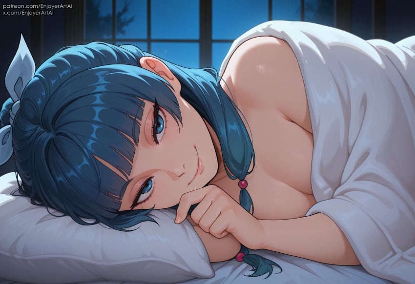 2025 ai_generated bangs bed_sheet blanket blue_eyes blue_hair blunt_bangs breasts cleavage closed_mouth enjoyerartai female hi_res indoors kusuriya_no_hitorigoto long_hair looking_at_viewer lying maomao_(kusuriya_no_hitorigoto) night on_bed on_side pillow self_upload smile solo under_covers window