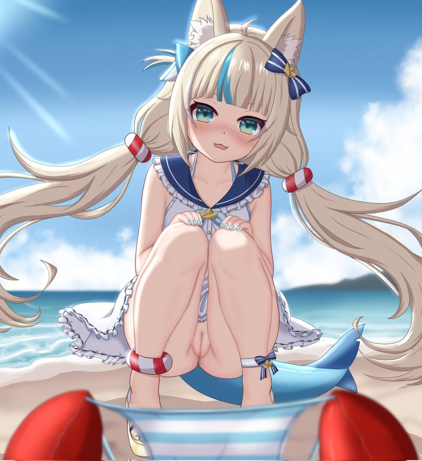 :3 ahoge animal_ear_fluff animal_ears ankle_bow azunyart beach bikini blonde_hair blue_bikini blue_bow blue_eyes blue_hair blue_nails blue_sailor_collar blue_sky blunt_bangs blurry blurry_background blurry_foreground blush bow bucket cat_ears cleft_of_venus cloud cloudy_sky crab day depth_of_field dress female fins fish_girl fish_tail flat_chest frilled_dress frilled_sailor_collar frills full_body hairbow halterneck hands_on_own_knees highres indie_virtual_youtuber knees_together_feet_apart lifebuoy_anklet lifebuoy_hair_ornament long_hair looking_at_viewer low_twintails multicolored_hair nail_polish no_panties nose_blush ocean oerba_yun_fang one_side_up open_mouth outdoors pussy sailor_collar sailor_dress sameko_saba sand sand_bucket sandals sky solo squatting streaked_hair striped_bikini striped_clothes sun swimsuit tail toenail_polish toenails toes twintails two-tone_hair uncensored unworn_bikini_bottom variant_set very_long_hair virtual_youtuber white_dress