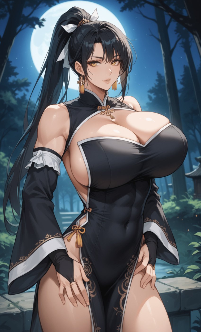 ai_generated asian_female black_hair china_dress chinese_clothes chun_yan_(shuumatsu_no_valkyrie) mature_female ponytail record_of_ragnarok shuumatsu shuumatsu_no_valkyrie