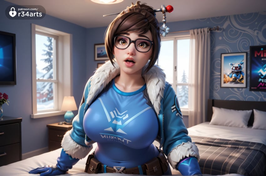 1girl 1girls ai_generated artist_name beads bed bedroom belt belt_pouch black-framed_eyewear blizzard_entertainment blue_gloves blue_shirt breasts brown_eyes brown_hair coat curtains female female_only flower fur-trimmed_jacket fur_trim glasses gloves hair_bun hair_ornament hair_stick hi_res indoors jacket lamp large_breasts lips looking_at_viewer mei_(overwatch) mei_ling_zhou nose on_bed open_mouth overwatch overwatch_2 parka pillow pouch r34arts shirt short_hair single_hair_bun solo solo_female thick_lips window