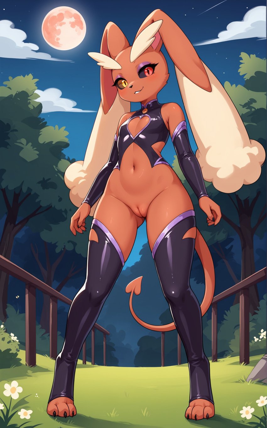 1girls 2025 ai_generated anthro black_sclera blushing brown_fur digitigrade eyeliner eyeshadow female female_only generation_4_pokemon heterochromia hi_res innie_pussy lopunny moon night nintendo outdoors pokemon pokemon_(species) pussy rabbit red_eyes slit_pupils smile succubus thighhighs yellow_eyes