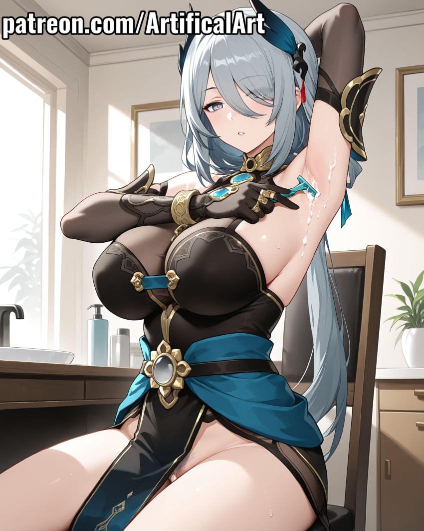 1girls ai_generated armpits artifical_art big_breasts blush breasts chinese_clothes clitoris cum_in_pussy grey_eyes grey_hair hair_ornament hanya_(honkai:_star_rail) honkai:_star_rail honkai_(series) hoyoverse long_hair mihoyo pale-skinned_female pale_skin perfect_body pussy shaving_armpits solo spread_legs tiara