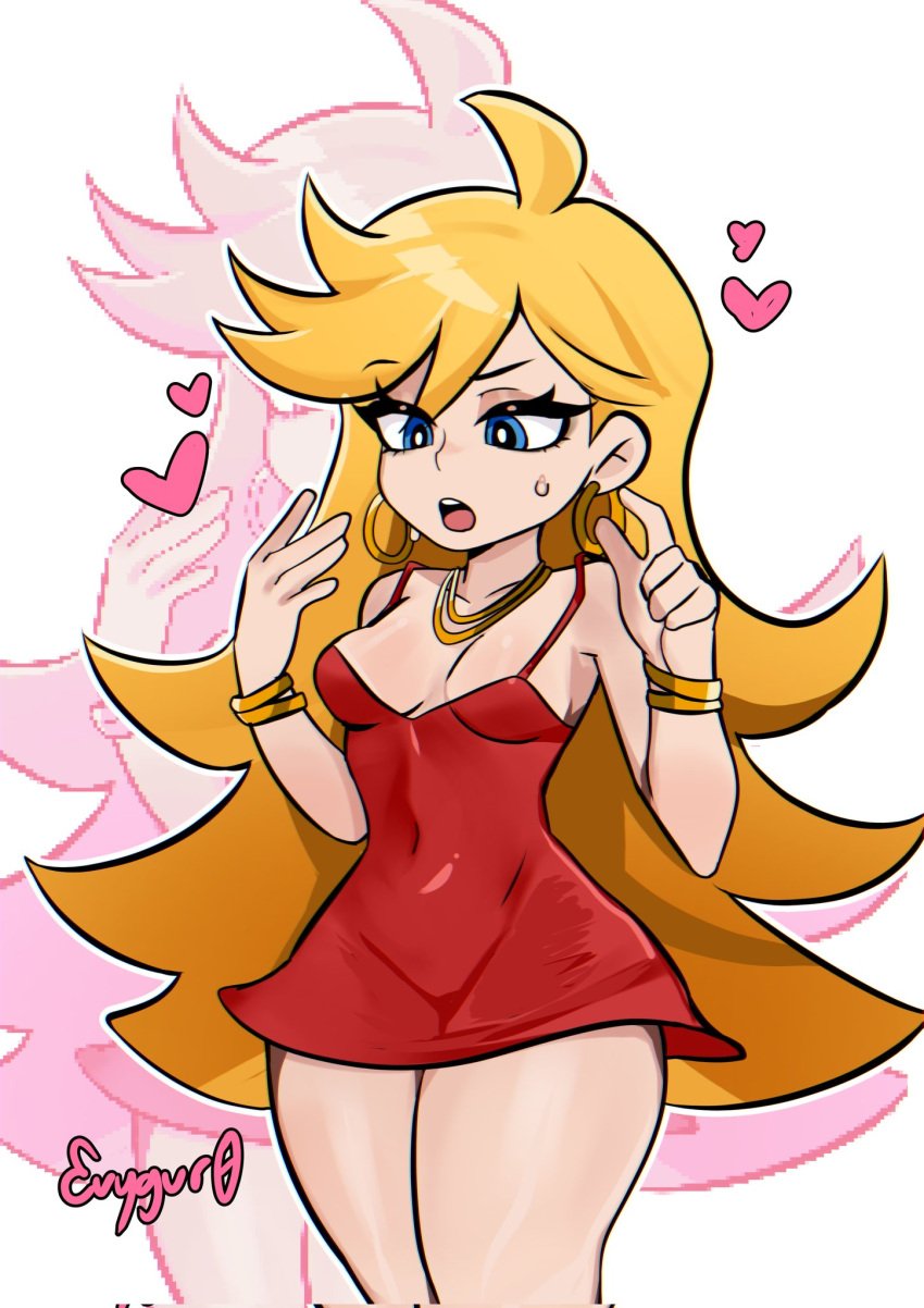 1girls angel artist_name blonde_hair blue_eyes curvy evygur0 heart hips light-skinned_female light_skin panty_&_stocking_with_garterbelt panty_anarchy perky_breasts red_dress short_dress small_waist thick_thighs