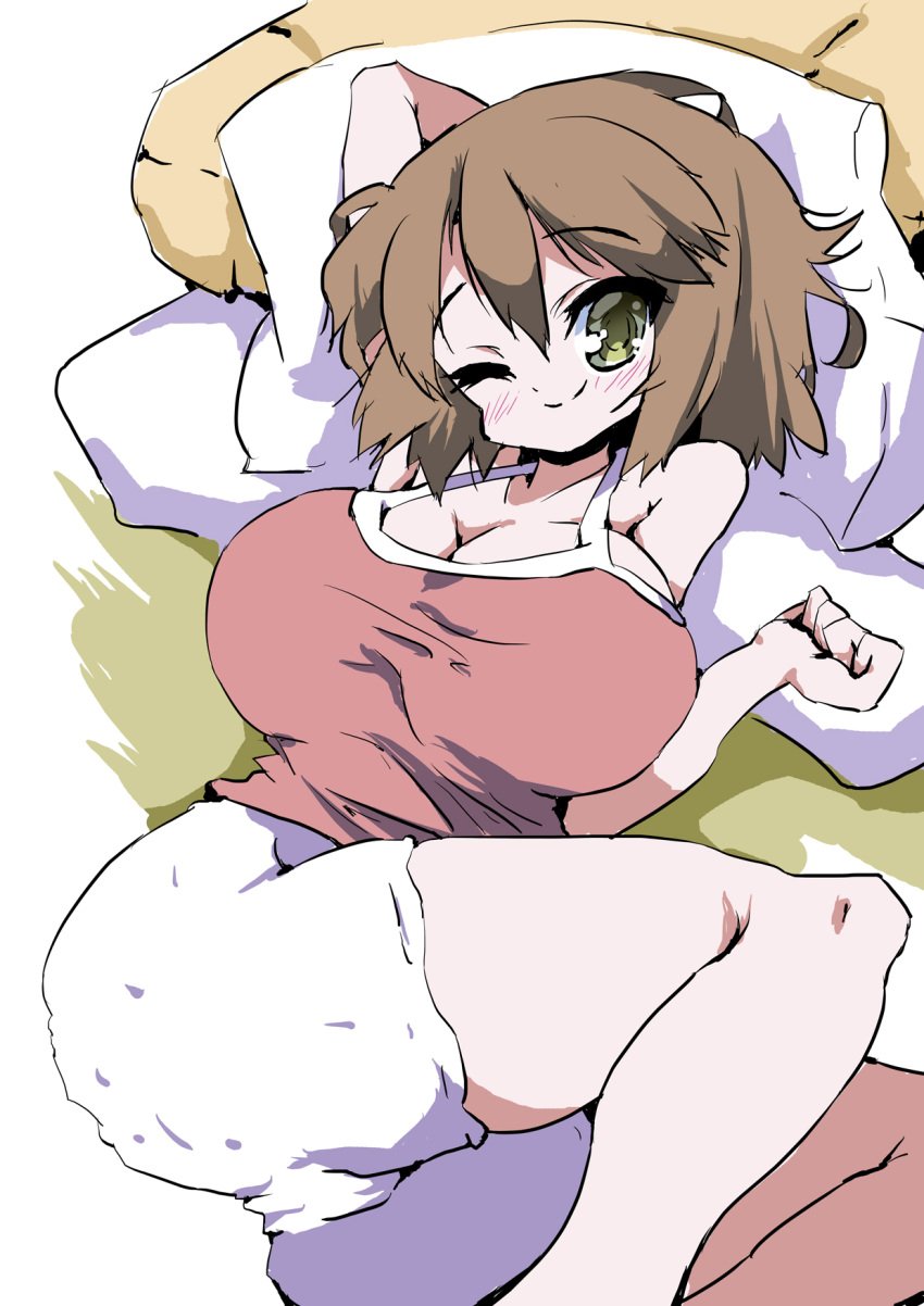1girls ayumu_niikura bed bed_sheet breasts brown_hair city_(arawi_keiichi) cleavage closed_mouth huge_breasts looking_at_viewer lying lying_on_bed muu_rian on_bed one_eye_closed pillow pink_shirt sexually_suggestive shirt short_hair shorts smile solo yellow_eyes