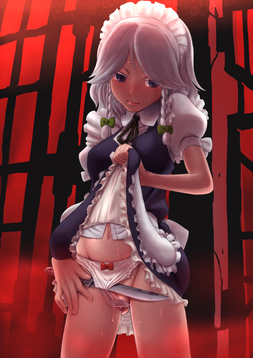 blue_eyes blush braid cutting highres knife maid_headdress musen-shiki_sanhankikan navel panties pussy sakuya_izayoi see-through see-through_panties short_hair silver_hair skirt skirt_lift solo sweat throwing_knife touhou twin_braids uncensored underwear weapon white_panties