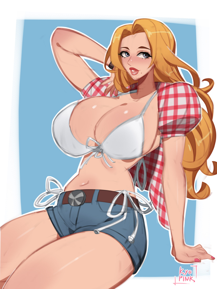 1girls artist_name big_breasts bikini_top bleach busty cleavage curvy jean_shorts kyopink light-skinned_female light_skin matsumoto_rangiku matsumoto_rangiku open_shirt orange_hair shorts small_waist thick_thighs