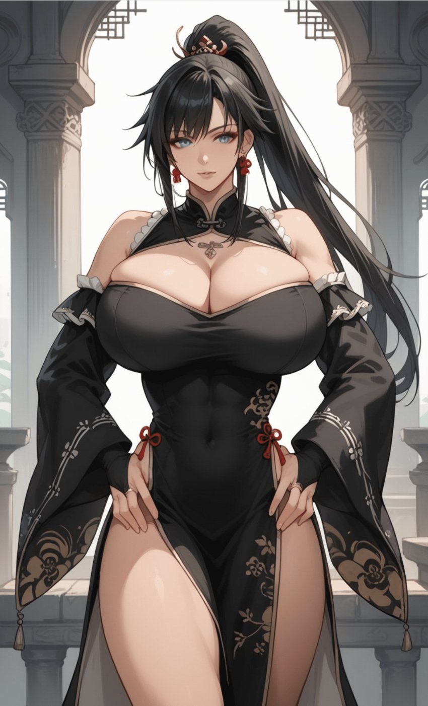 ai_generated asian_female black_hair china_dress chinese_clothes chun_yan_(shuumatsu_no_valkyrie) mature_female ponytail record_of_ragnarok shuumatsu shuumatsu_no_valkyrie