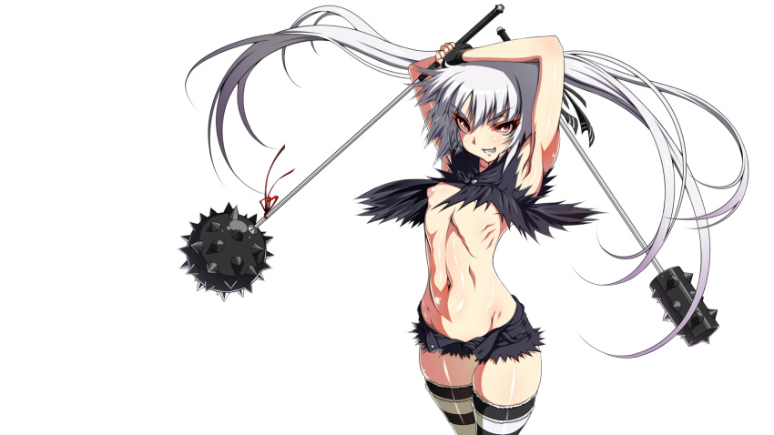 1girls armpits club denim denim_shorts error female fingerless_gloves flat_chest gloves highres inagaki inagaki_(iii) kooh long_hair navel nipples open_clothes pangya pointy_chin puffy_nipples red_eyes ribs shorts solo striped striped_legwear striped_thighhighs thighhighs tied_hair twintails weapon white_hair