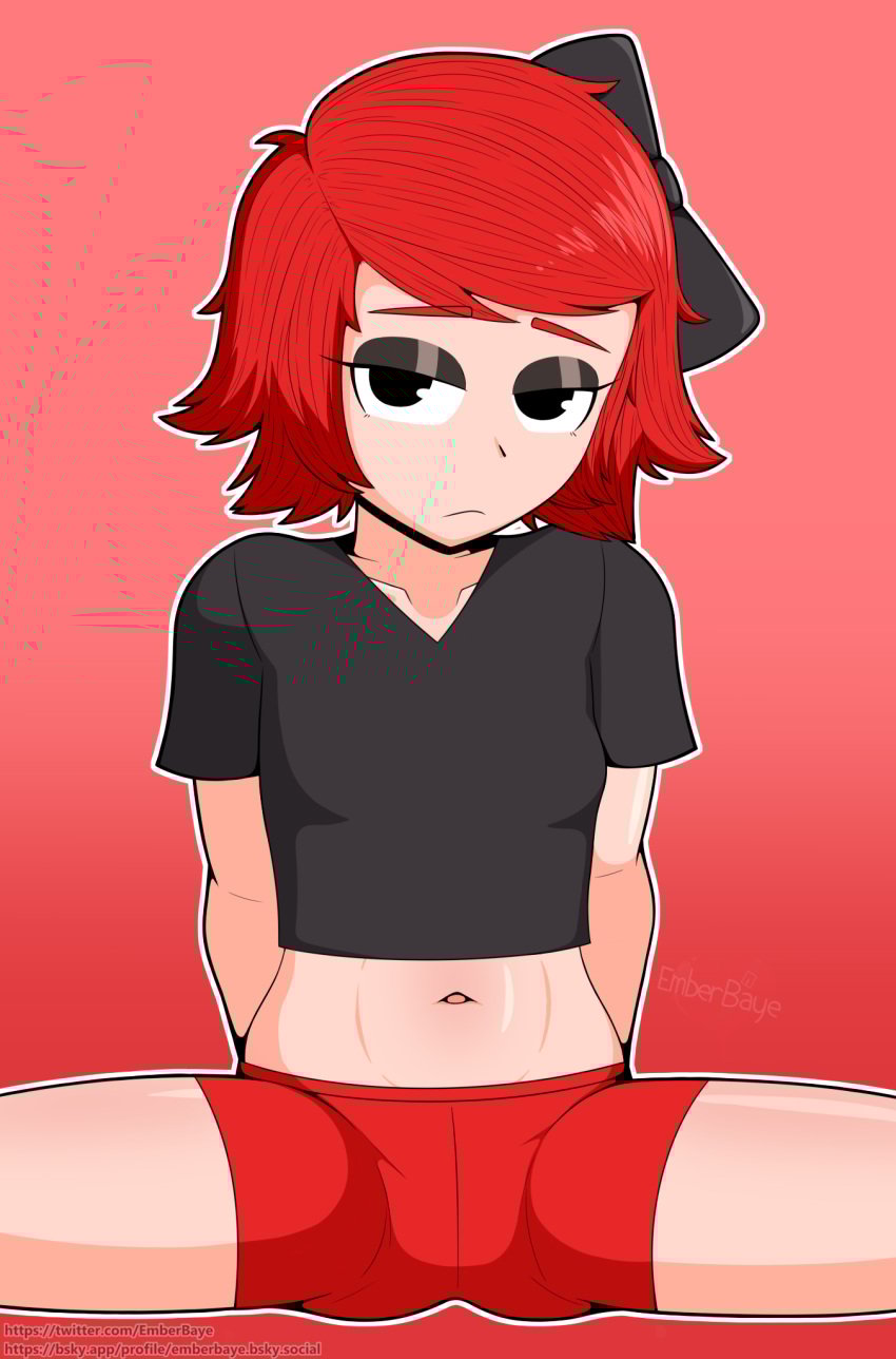 1girl 1girls black_eyes blush blushing bow breasts cy_(cypopps) cypopps emberbaye exposed_midriff eyeshadow female legs_apart legs_spread light-skinned_female light_skin light_skinned_female petite petite_body petite_female pussy red_hair shorts simple_background sitting small_breasts solo_female thighs whore_eyes youtube youtuber