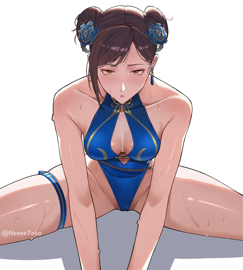 absurdres alternate_costume bare_arms bare_shoulders blue_flower blue_one-piece_swimsuit breasts brown_eyes brown_hair bun_with_braided_base capcom chun-li cleavage closed_mouth clothing_cutout commentary curvy double_bun earrings female flower gold_trim groin hair_bun hair_flower hair_ornament highleg highleg_one-piece_swimsuit highres jewelry lips looking_at_viewer medium_breasts nevee official_alternate_costume one-piece_swimsuit parted_bangs shiny_skin short_hair simple_background sitting solo spread_legs straight-on street_fighter street_fighter_6 swimsuit thigh_strap thong_one-piece_swimsuit wet white_background wide_hips