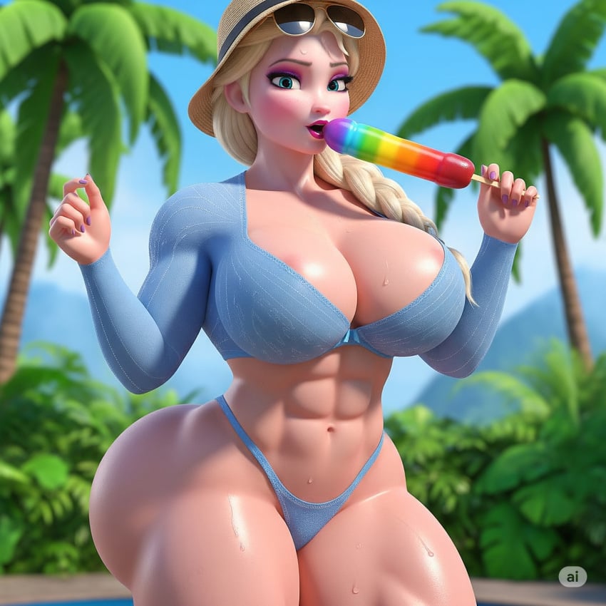 1girls ai_generated ass bikini bimbo breasts cold elsa_(frozen) female frozen frozen_(film) frozen_2 muscular pose snow solo