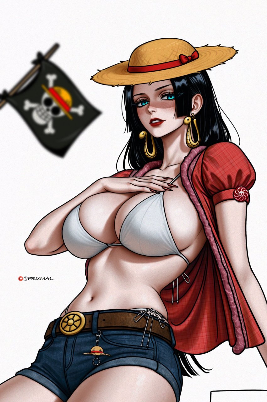 1girls artist_name big_breasts bikini_top black_hair blue_eyes boa_hancock breasts busty cosplay denim denim_shorts earrings female female_only flag gingham hand_on_breast hat huge_breasts jean_shorts kwon_eun-bi_(cosplay) large_breasts light-skinned_female light_skin one_piece open_shirt prixmal shorts straw_hat