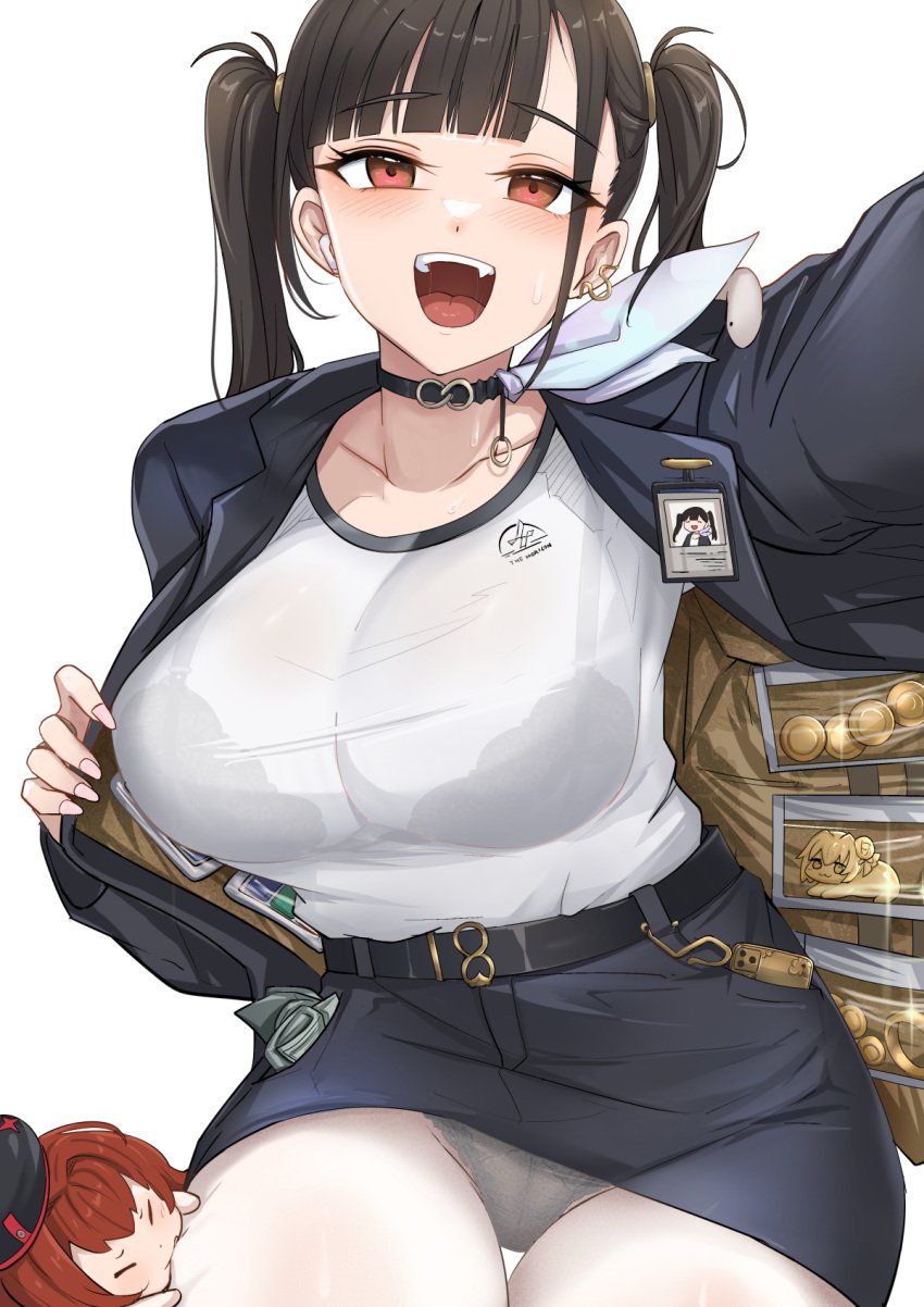 :d asymmetrical_bangs belt beret black_belt black_bra black_choker black_hair black_hat black_jacket black_skirt blunt_bangs bra bra_visible_through_clothes breasts choker collarbone commentary doro_(nikke) female goddess_of_victory:_nikke hat highres id_card jacket large_breasts long_hair long_sleeves looking_at_viewer miniskirt oerba_yun_fang open_clothes open_mouth panties panties_under_pantyhose pantyhose pantyshot pencil_skirt rapi_(nikke) rapi_(red_hood)_(nikke) red_eyes red_hair shirt simple_background skirt smile sora_(nikke) teeth thigh_biting twintails underwear upper_teeth_only white_background white_panties white_pantyhose white_shirt wireless_earphones yougenko