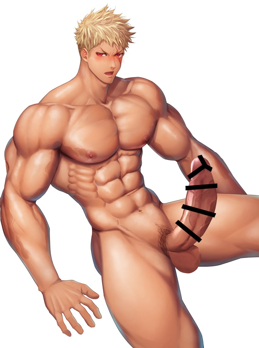 1boy abs absurd_res balls bara beefy biceps big_areola big_breasts big_glans big_penis blonde_hair blush breasts broad_shoulders censor_bar censored censored_penis collarbone completely_nude curved_penis erection foreskin foreskin_folds frenulum frown gay hi_res huge_cock hunk long_penis looking_at_viewer male male_breasts male_only manly mature_male meisho_hanten muscles muscular muscular_arms muscular_legs muscular_male muscular_thighs navel oppai original original_character pecs penis pointless_censoring pubic_hair quadriceps red_eyes retracted_foreskin scar scar_across_eye scar_on_arm scar_on_face short_hair sitting six_pack thick_penis tough_guy triceps uncircumcised uncut veiny_arms veiny_chest veiny_legs veiny_penis very_high_resolution white_background yaoi
