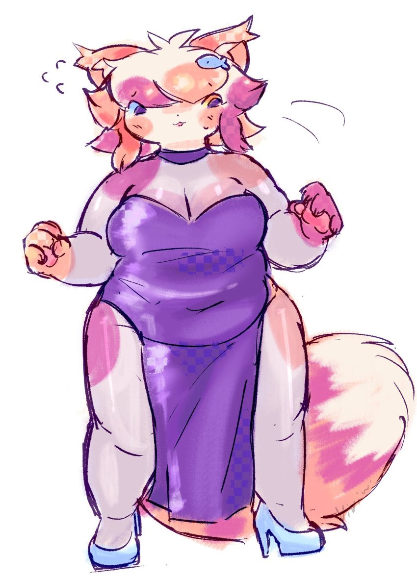 anthro big_breasts breasts busty busty_boy calico_cat chubby chubby_male domestic_cat dress fat_boy fat_male femboy furry high_heels long_dress male male_with_breasts minnow_(character) nervous