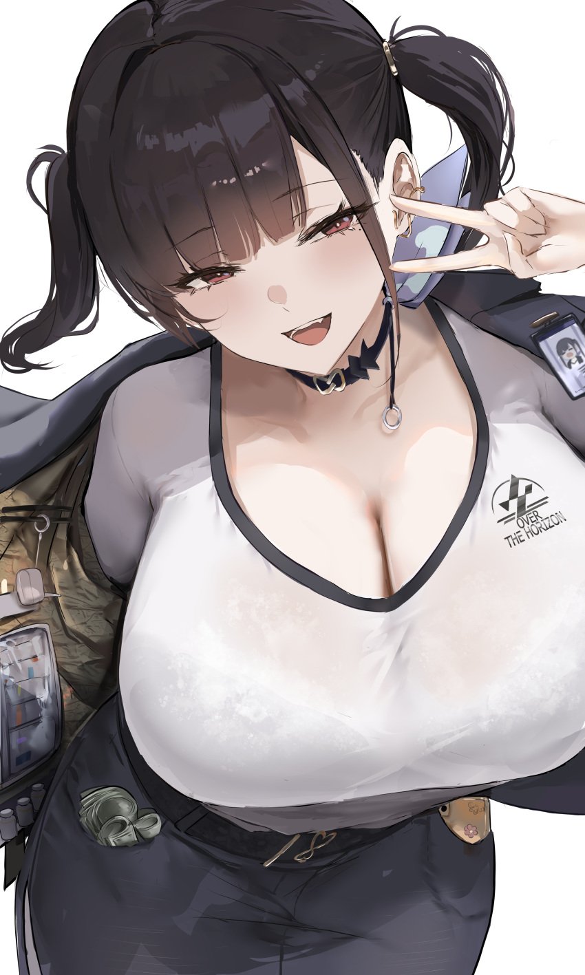 1girls absurdres belt big_breasts black_belt black_choker black_hair black_jacket black_skirt blush bra_visible_through_clothes breasts choker cleavage commentary ear_ornament female goddess_of_victory:_nikke hair_intakes highres huge_breasts jacket liaowen long_hair looking_at_viewer miniskirt mole mole_under_eye open_clothes open_jacket open_mouth opened_by_self pantyhose pencil_skirt red_eyes shirt simple_background skirt smile solo solo_female sora_(nikke) twintails v white_background white_shirt