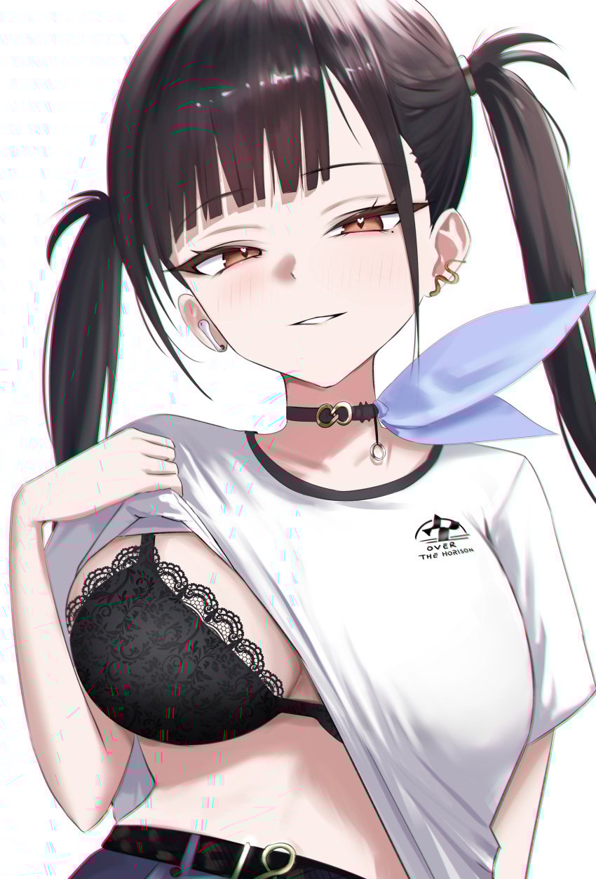 1girls absurdres asymmetrical_bangs big_breasts black_bra black_hair bra breasts clothes_lift female goddess_of_victory:_nikke highres large_breasts lifting_own_clothes liiigang looking_at_viewer shirt shirt_lift solo solo_female sora_(nikke) twintails underwear upper_body white_background white_shirt