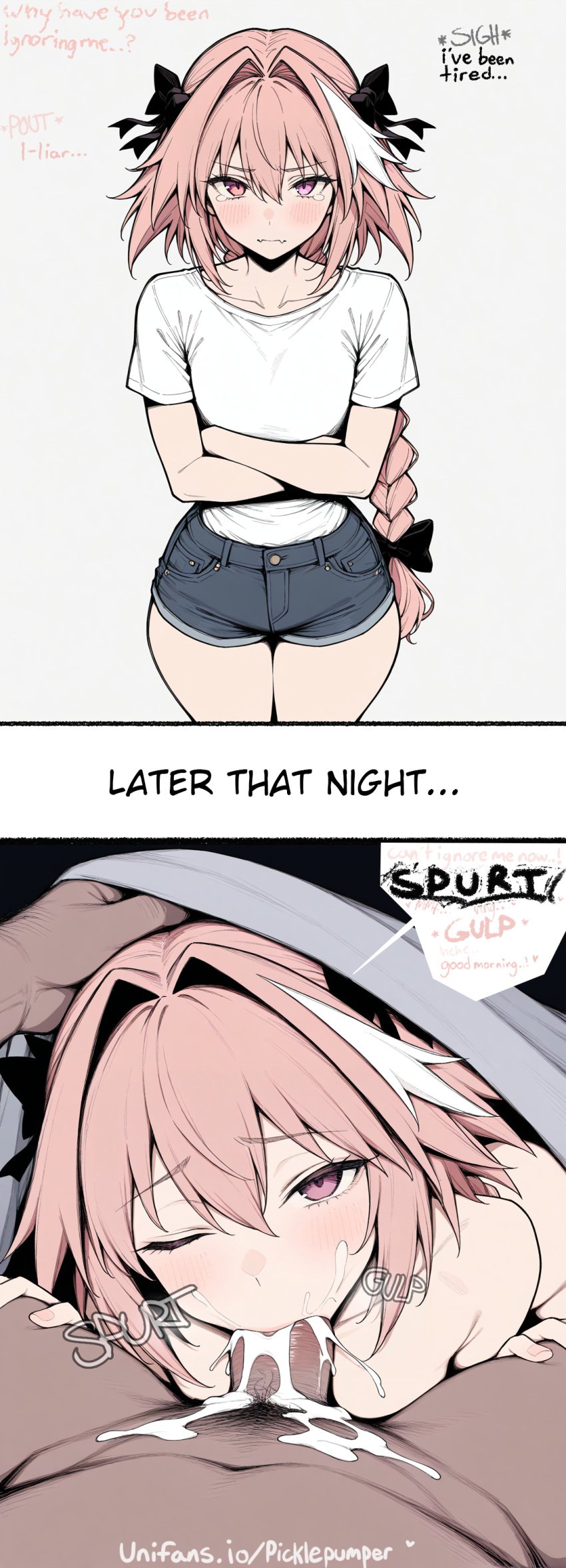 1femboy 2boys 2d 2d_(artwork) ai_generated asleep astolfo_(fate) bangs black_background black_bow blush bow braid closed_mouth collarbone cum cum_in_mouth dark-skinned_male dark_skin facial fate/grand_order fellatio female femboy femboy_focus femboysub gay hair_between_eyes hair_intakes hairbow highres interracial long_braid long_hair looking_at_viewer male_focus male_pov male_pubic_hair morning_blowjob multicolored_hair multiple_boys night nude oerba_yun_fang one_eye_closed oral otoko_no_ko penis picklepumper pink_hair pov pov_male pubic_hair purple_eyes ribbon shirt simple_background single_braid skin_fang sleeping solo_focus streaked_hair submissive submissive_femboy submissive_male tearing_up tears uncensored under_blanket under_covers white_hair yaoi