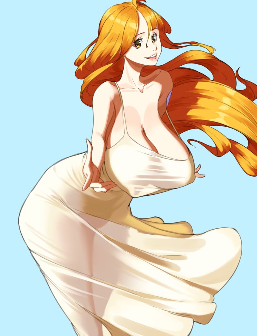 47_hard breasts female hard.d highres huge_breasts long_hair nami_(one_piece) one_piece orange_hair orange_hair_female