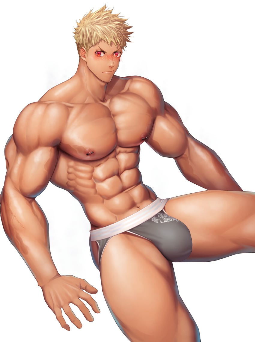 1boy abs absurd_res bara beefy biceps big_areola big_breasts big_bulge blonde_hair blush breasts broad_shoulders bulge bulge_through_clothing collarbone frown gay hi_res hunk jockstrap looking_at_viewer male male_breasts male_only manly mature_male meisho_hanten muscles muscular muscular_arms muscular_legs muscular_male muscular_thighs navel nipple_piercing oppai original original_character pecs pierced_nipples piercing quadriceps red_eyes scar scar_across_eye scar_on_arm scar_on_face short_hair sitting six_pack tough_guy triceps veiny_arms veiny_chest veiny_legs very_high_resolution white_background wide_eyed yaoi