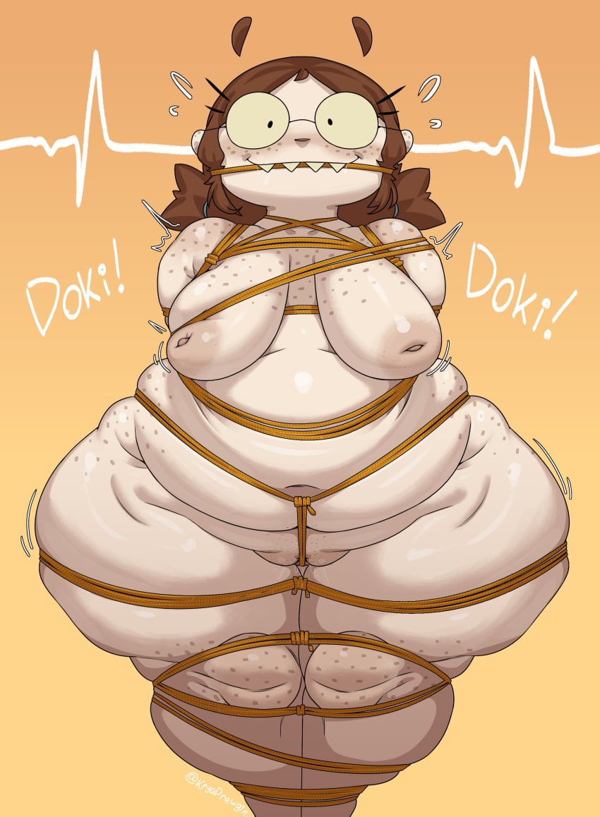 big_breasts breasts brown_hair female freckles inverted_nipples kryadrawgin original_character pussy restrained rope sharp_teeth wide_hips