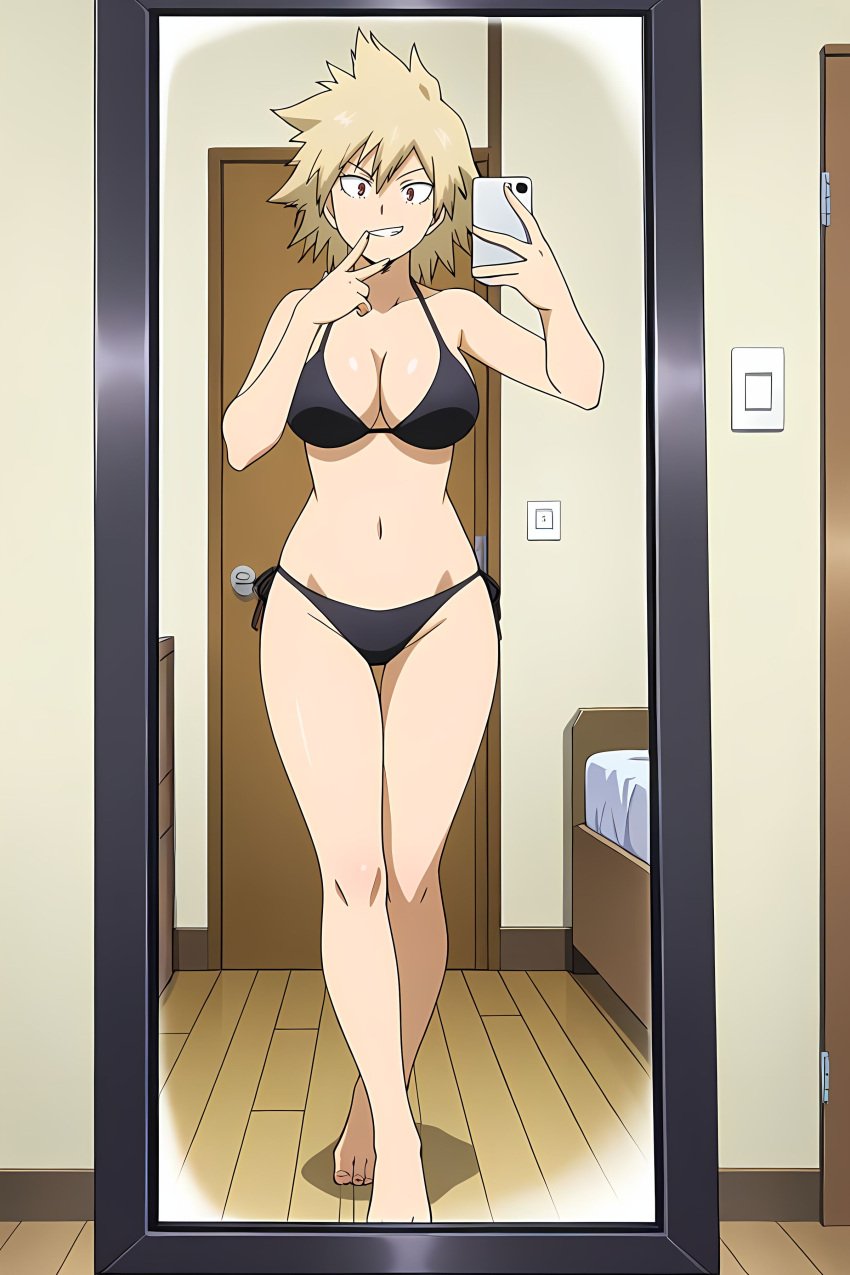 ai_generated alone bed bedroom bikini bikini_bottom bikini_top black_bikini female female_focus female_only front_view full_body looking_at_viewer mirror mirror_reflection mirror_selfie mitsuki_bakugou my_hero_academia peace_sign phone pinku.ai selfie smirk thick
