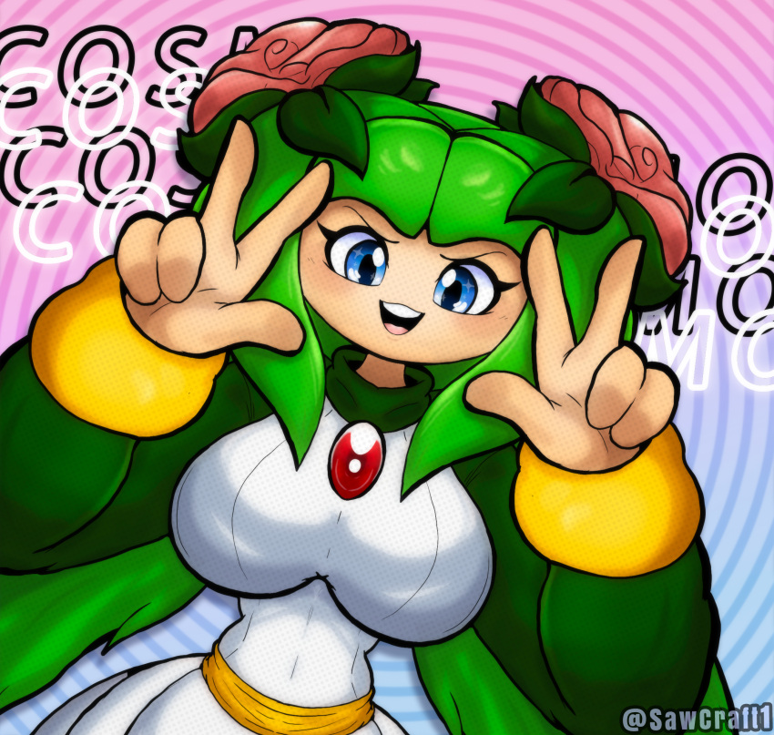 1girl 1girls 2020s 2025 20s abstract_background alien alien_girl alien_humanoid artist_name big_breasts blue_eyes breasts cosmo_the_seedrian elemental_creature elemental_humanoid flora_fauna green_clothes green_clothing green_pseudo_hair high_res high_resolution huge_breasts mouth_open plant_girl plant_humanoid pseudo_hair sawcraft1 seedrian sega solo_female sonic_x thin_waist tms_entertainment two_fingers_up v_sign white_clothes white_clothing white_dress