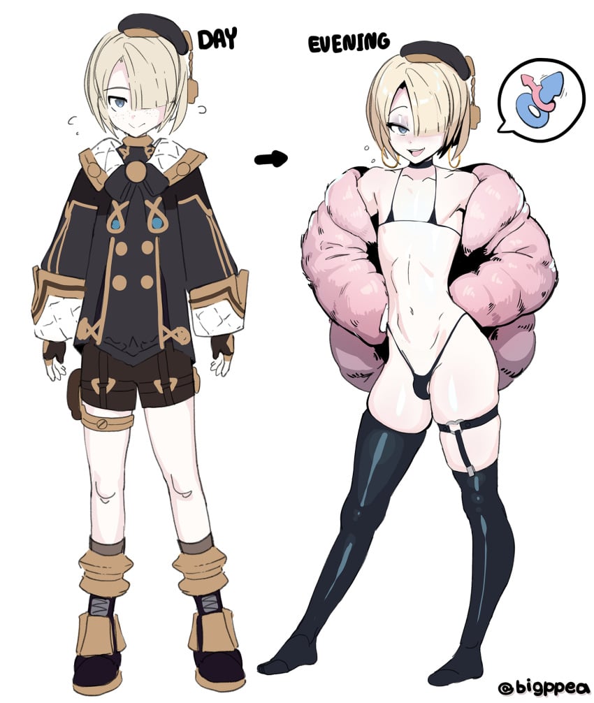 1boy before_and_after bigppea bikini femboy freminet_(genshin_impact) genshin_impact human male male_only on_off solo standing