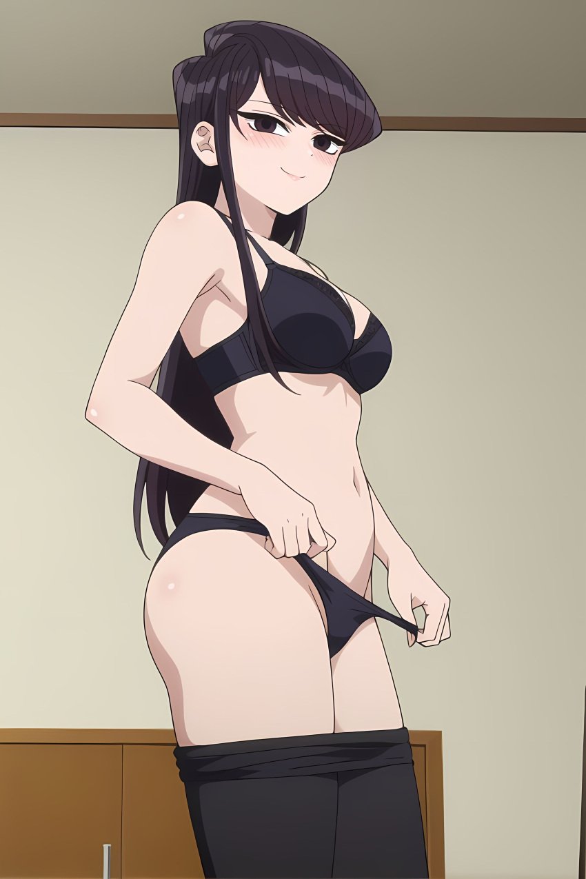 ai_generated alone bedroom black_bra black_leggings black_panties blush bra female female_focus female_only komi-san_wa_komyushou_desu komi_shouko leggings leggings_down looking_at_viewer panties panties_down pinku.ai side_view smirk