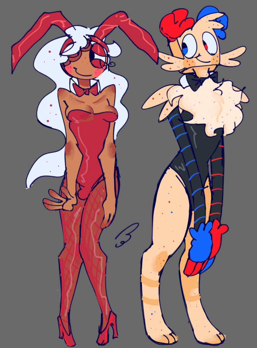 1boy 1girls bowtie bulge bunnysuit dandy&#039;s_world dog_ears female fishnets fur ginger_(dandy&#039;s_world) goob_(dandy&#039;s_world) half_naked heels kappi0 loaltoff male playboy_bunny trans_woman transgender