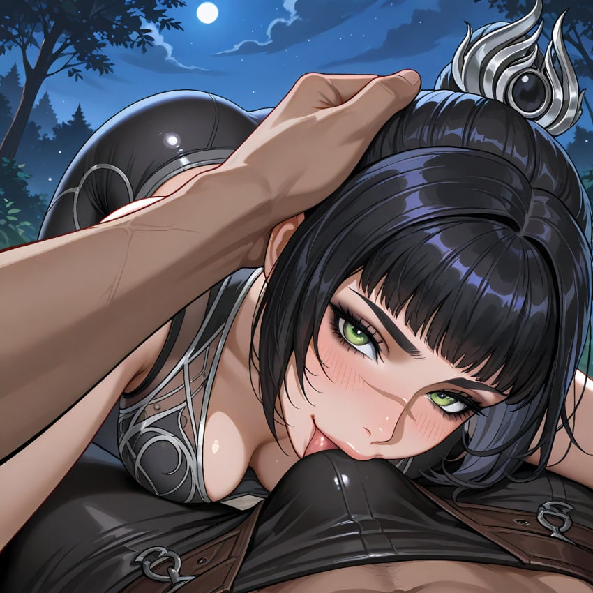 1boy 1girls ai_generated ass_up baldur's_gate_3 bangs big_breasts black_hair blush braid bulge_through_clothing bulge_under_clothes camp cleavage dark-skinned_male dungeons_and_dragons elf female green_eyes hand_on_another's_head licking_penis lips night outdoors pov_eye_contact round_ass scar shadowheart tav_(baldur's_gate) teasing wizards_of_the_coast