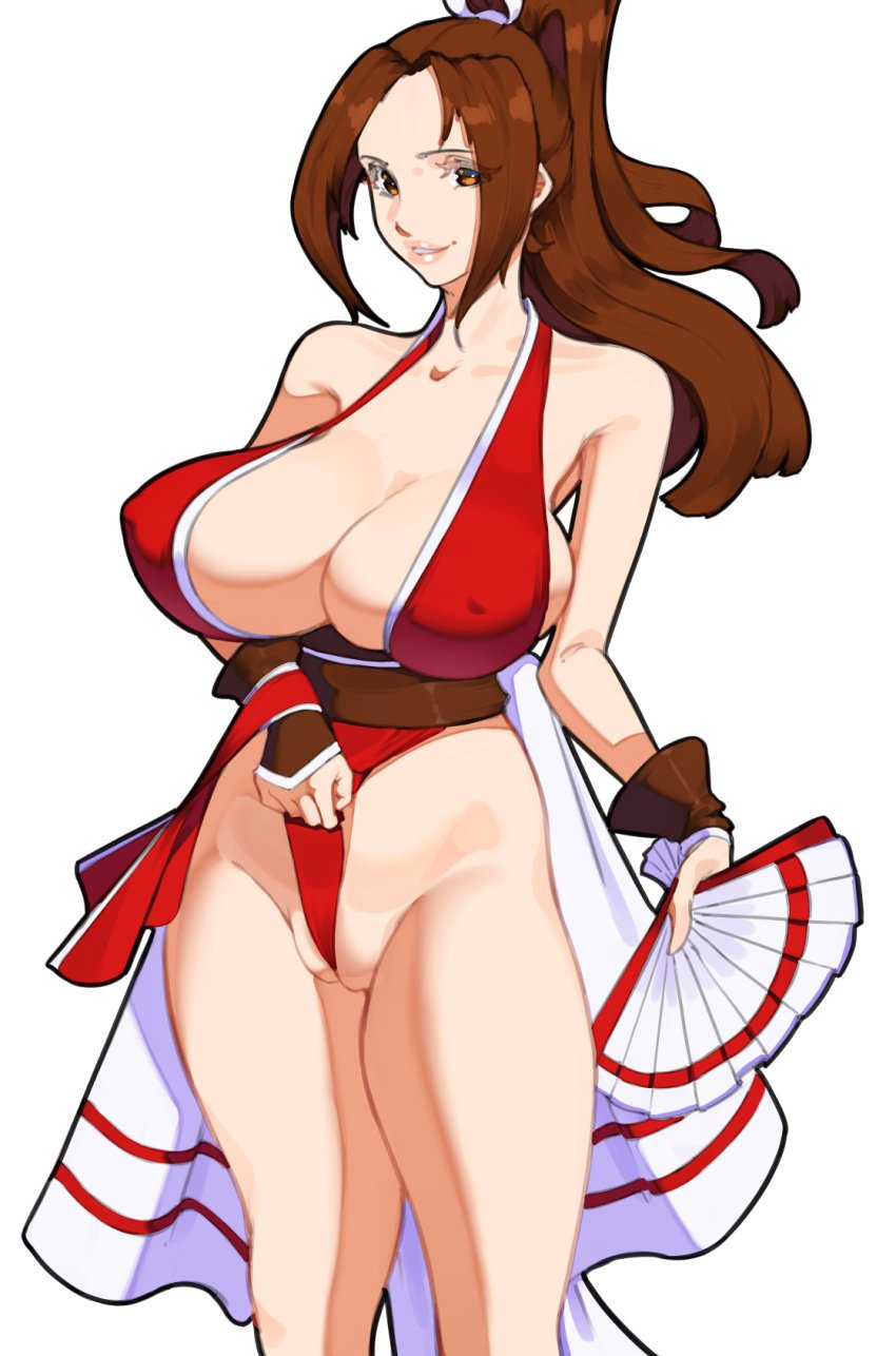 47_hard breasts cameltoe fatal_fury female folding_fan hand_fan hard.d high_ponytail highres holding holding_fan huge_breasts long_hair ponytail shiranui_mai solo wedgie
