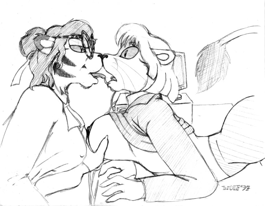 anthro breasts canine clothed clothes desk feline female fur furry glasses kissing lion lioness raised_shirt tiger wolfkidd zhora