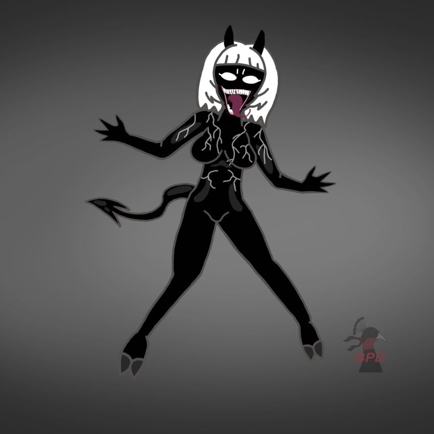 alien_look_like_human blind_peacock_draws blind_peacock_draws_(artist) bullet_scar commentary commentary_request demon demon_girl demon_hooves demon_horns demon_tail ecuadorian goo_creature hazbin_hotel hazbin_hotel_oc helluva_boss helluva_boss_oc hooves horns horns_and_hooves latina marvel marvel_comics masked_female oro_(blindpeacockdraws) secret_wars sharp_claws sharp_teeth she-venom she-venom_(cosplay) sinner sinner_demon spider-man_(black_suit) spiked_tail spikes symbiote tail venom venom_(2018) venom_(marvel) white_hair white_pupils