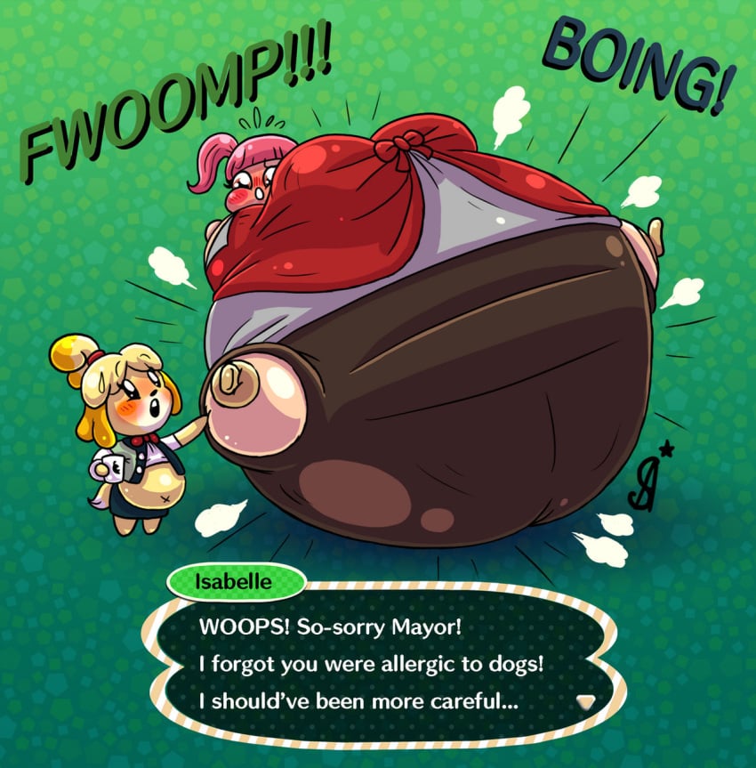 air_inflation allergic_reaction animal_crossing anthro ashamedscreen bbw belly big_belly big_breasts breasts female female_focus female_only full_body_inflation furry huge_belly human hyper_belly immobile immobilization inflation isabelle_(animal_crossing) nonude ready_to_pop spherical_inflation ssbbw tight_clothing villager_(animal_crossing)
