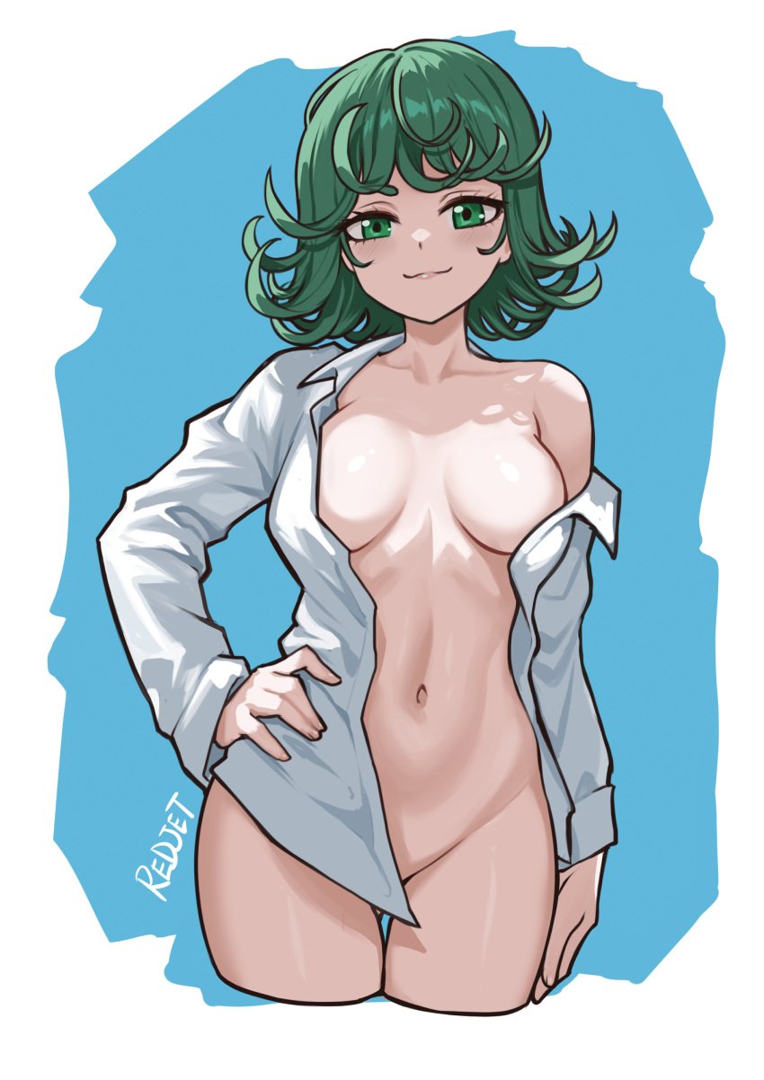 1girls artist_name barely_clothed breasts clever_censor green_eyes green_hair light-skinned_female light_skin naked_female nipples_covered one-punch_man open_shirt petite pussy pussy_covered redjet small_breasts tatsumaki
