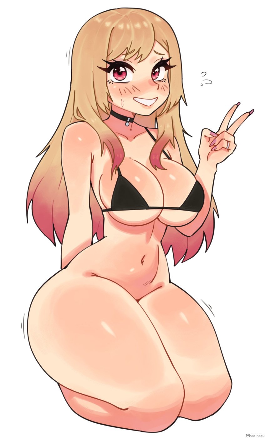 1girls big_breasts bikini_top bikini_top_only blonde_hair bottomless bottomless_female breasts female female_focus haolksou kitagawa_marin light-skinned_female light_skin long_hair pink_eyes shiny_skin sono_bisque_doll_wa_koi_wo_suru thick_thighs v white_background