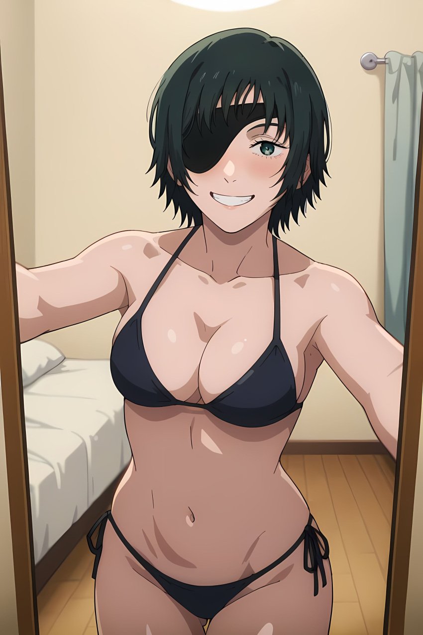 ai_generated bed bedroom bikini bikini_bottom bikini_top black_bikini blush chainsaw_man female female_focus female_only front_view himeno_(chainsaw_man) looking_at_viewer mirror mirror_reflection pinku.ai smile