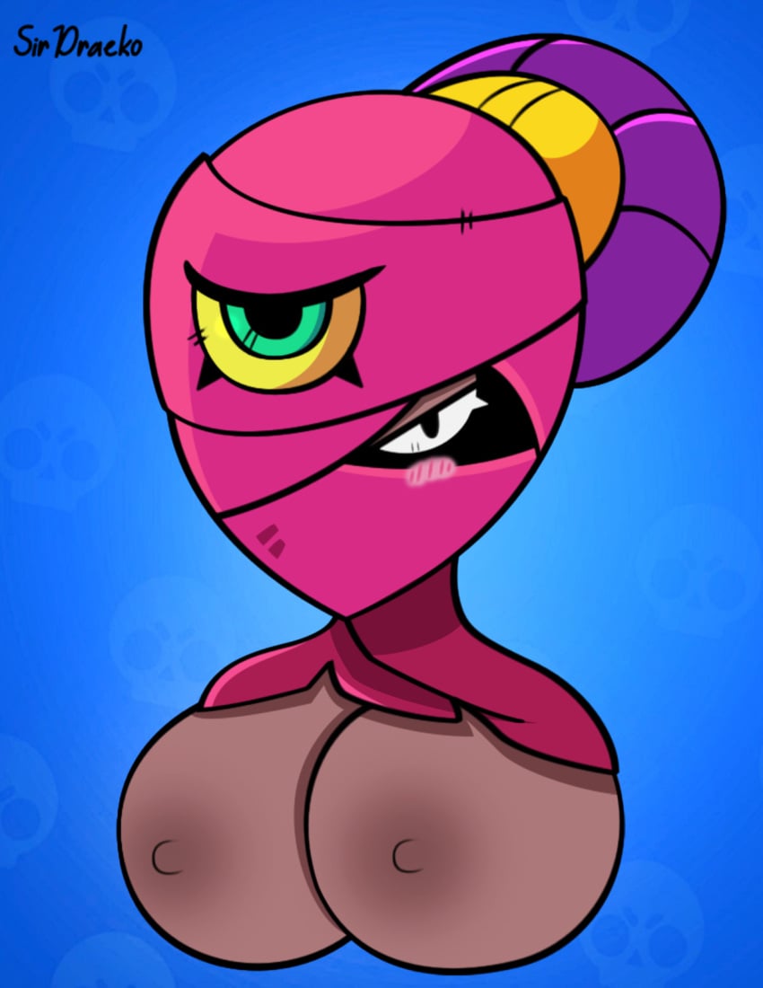 1_eye 2019 big_breasts black_skin blue_background blush brawl_stars breasts female female_only mask nipples one_eye_visible ponytail purple_hair sirdraeko solo supercell tara_(brawl_stars) topless uncensored