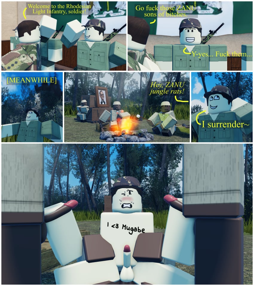 3d 4boys absurd_res absurdres army army_uniform balls black_hair blush comic dark-skinned_male dark_skin dialogue erection gay gay_sex gritted_teeth gun handjob highres imskip_(artist) male male_focus male_only male_penetrating military military_uniform outdoor_nudity outdoors pale-skinned_male pale_skin penetration penis penis_in_ass rhodesia roblox roblox_studio robloxian self_upload soldier sweat sweatdrop sweating sweaty tagme text text_bubble white_skin yaoi