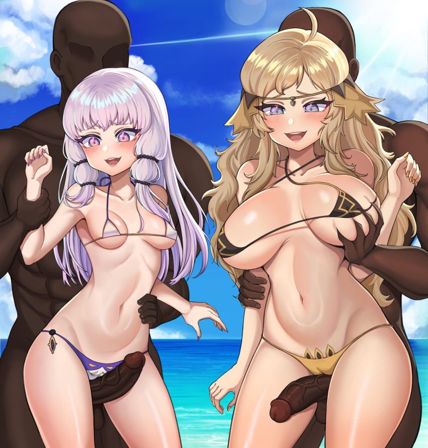 2boys 2girls 69_koh alternate_costume ass_visible_through_thighs beach between_legs bikini black_bikini black_swimsuit blonde_hair blue_eyes breast_grab dark-skinned_male dark_skin erection female female_focus ffmm_foursome fire_emblem fire_emblem:_three_houses fire_emblem_fates foursome grey_eyes groping headband imminent_sex interracial large_breasts light-skinned_female light_skin long_hair lysithea_von_ordelia male micro_bikini multiple_boys multiple_girls nintendo ocean ophelia_(fire_emblem) outdoors partially_visible_vulva penis penis_awe pink_eyes purple_bikini purple_swimsuit swimsuit white_bikini white_hair white_swimsuit yellow_bikini yellow_swimsuit