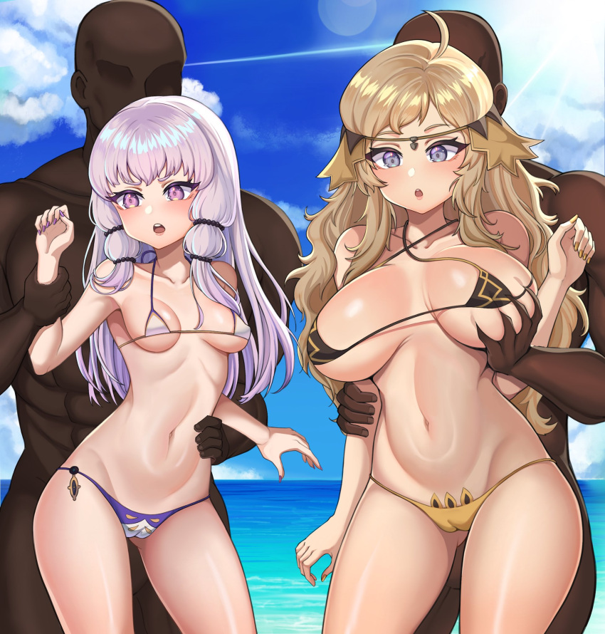 2boys 2girls 69_koh alternate_costume ass_visible_through_thighs bangs beach bikini black_bikini black_swimsuit blonde_hair blue_eyes breast_grab dark-skinned_male dark_skin female female_focus ffmm_foursome fire_emblem fire_emblem:_three_houses fire_emblem_fates foursome grey_eyes groping headband interracial large_breasts light-skinned_female light_skin long_hair lysithea_von_ordelia male micro_bikini multiple_boys multiple_girls nintendo ophelia_(fire_emblem) outdoors partially_visible_vulva pink_eyes purple_bikini purple_swimsuit swimsuit white_bikini white_hair white_swimsuit yellow_bikini yellow_swimsuit