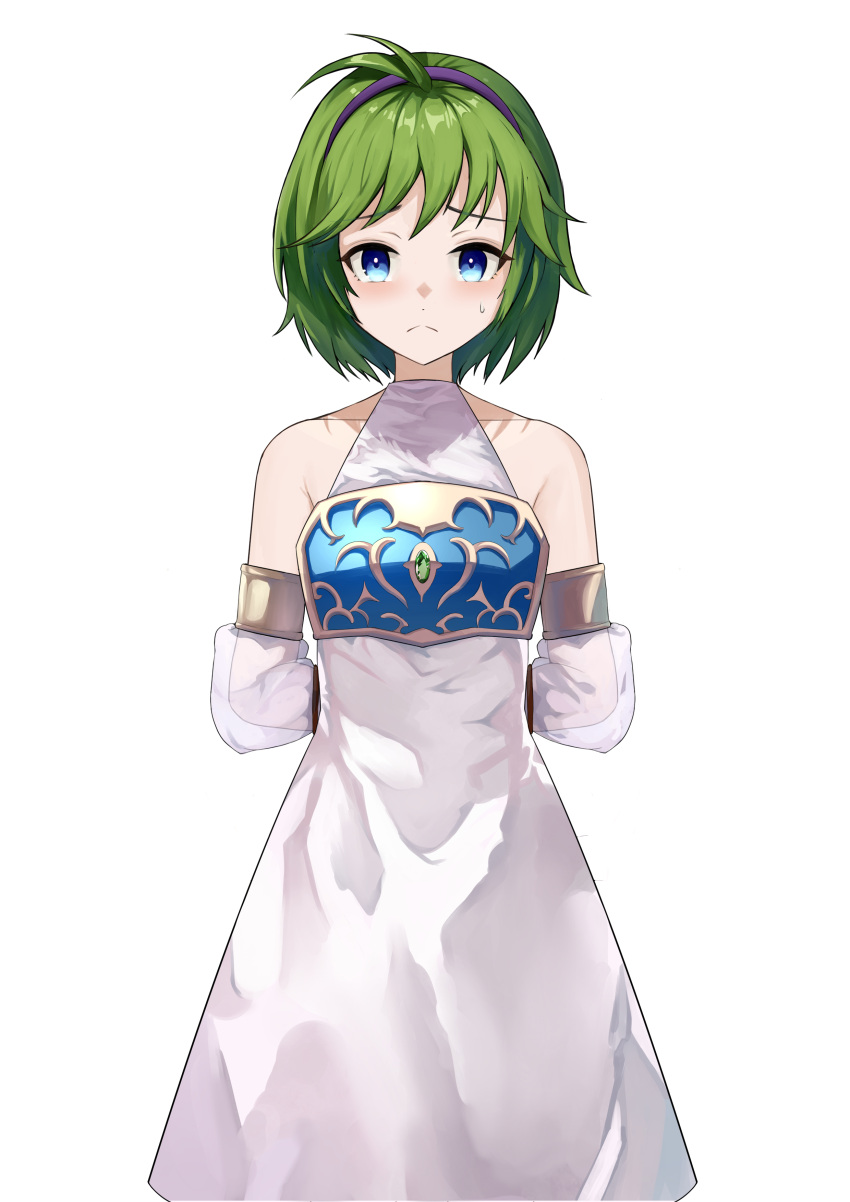 1girls ahoge alternate_costume blue_eyes bondage bound bound_wrists breasts detached_sleeves dogansa dress female female_only femsub fire_emblem fire_emblem:_the_blazing_blade fire_emblem_heroes frown green_hair hairband looking_at_viewer nino_(fire_emblem) nino_(khadein)_(fire_emblem) nintendo official_alternate_costume restrained see-through short_hair small_breasts solo