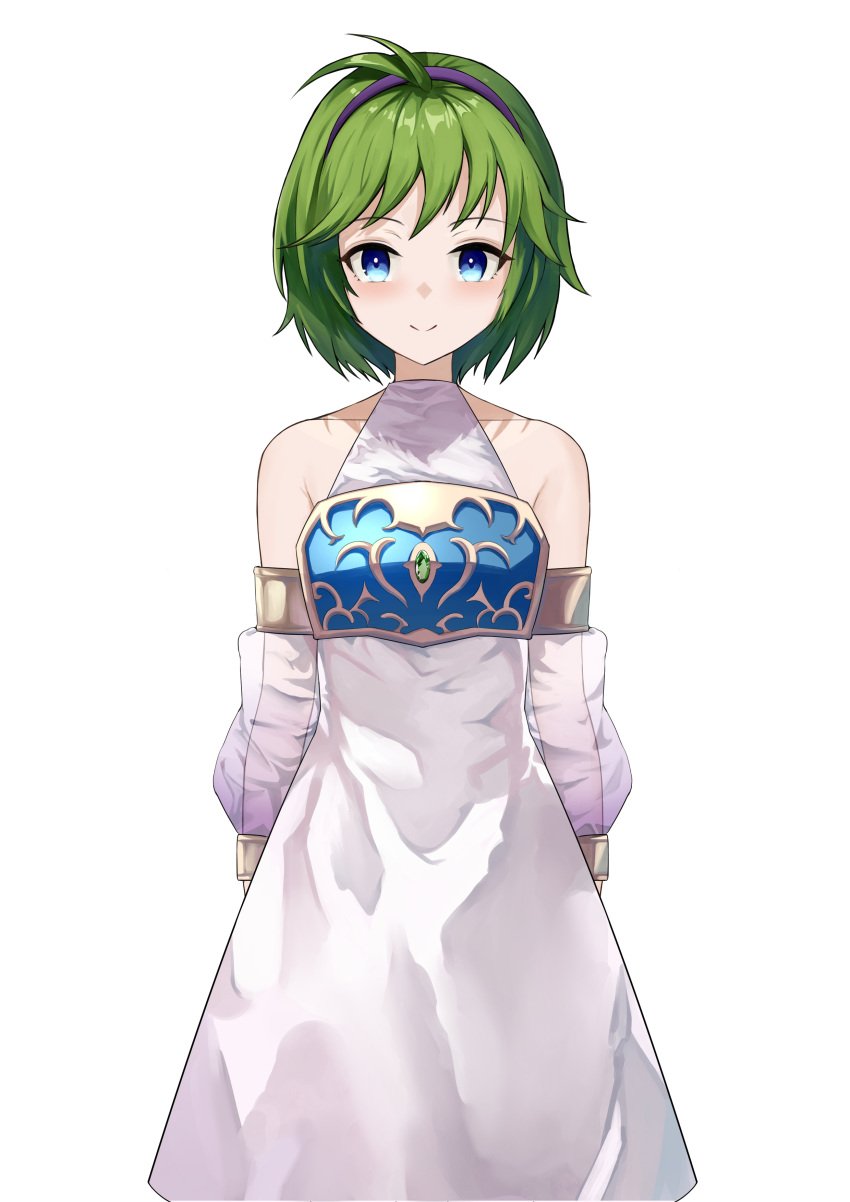 1girls ahoge alternate_costume blue_eyes breasts detached_sleeves dogansa dress female female_only fire_emblem fire_emblem:_the_blazing_blade fire_emblem_heroes green_hair hairband looking_at_viewer nino_(fire_emblem) nino_(khadein)_(fire_emblem) nintendo official_alternate_costume see-through short_hair small_breasts smile solo