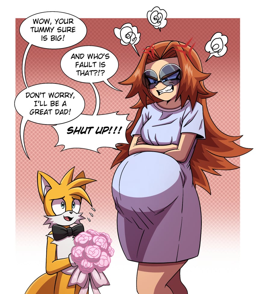 1boy 1girls angry angry_face anthro big_ass big_breasts blue-tinted_eyewear blush bowtie commission cxrryart dialogue dr._eggma’am dr._eggman english_text flower flowers furry glasses miles_prower older_female older_woman_and_younger_boy original pregnant rule_63 sega sonic_(series) sonic_the_hedgehog_(series) speech_bubble sunglasses tails text text_bubble thick_thighs thighs tinted_eyewear younger_male